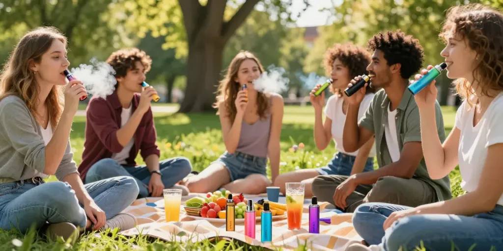 Group of friends enjoying Hitz infinity Gen 7 vapes in a sunny park setting.