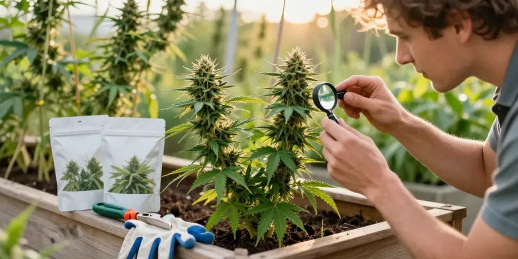 Buy cannabis seeds online from a vibrant outdoor garden with healthy cannabis plants being inspected by a grower.