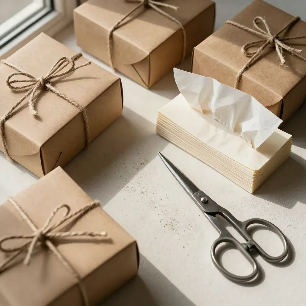 Overhead packing still life with kraft boxes, twine, tissue and scissors on pale plaster.