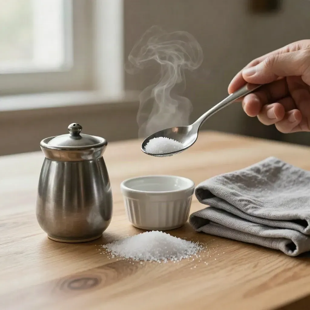 Chef tasting spoon, salt cellar, ramekin and linen napkin on pale wood with warm steam.