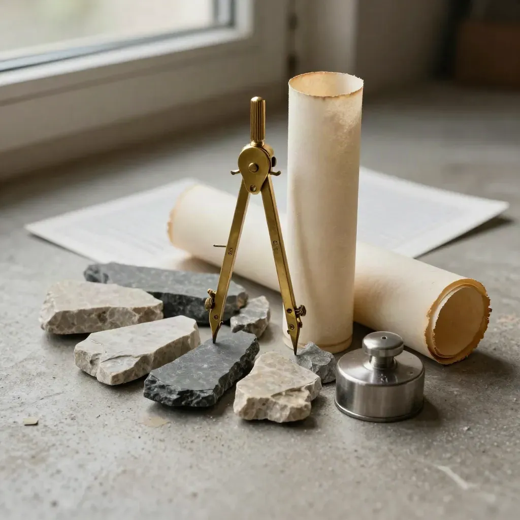 Architect’s materials arranged on concrete: brass compass, stone chips, vellum tube, and metal weight