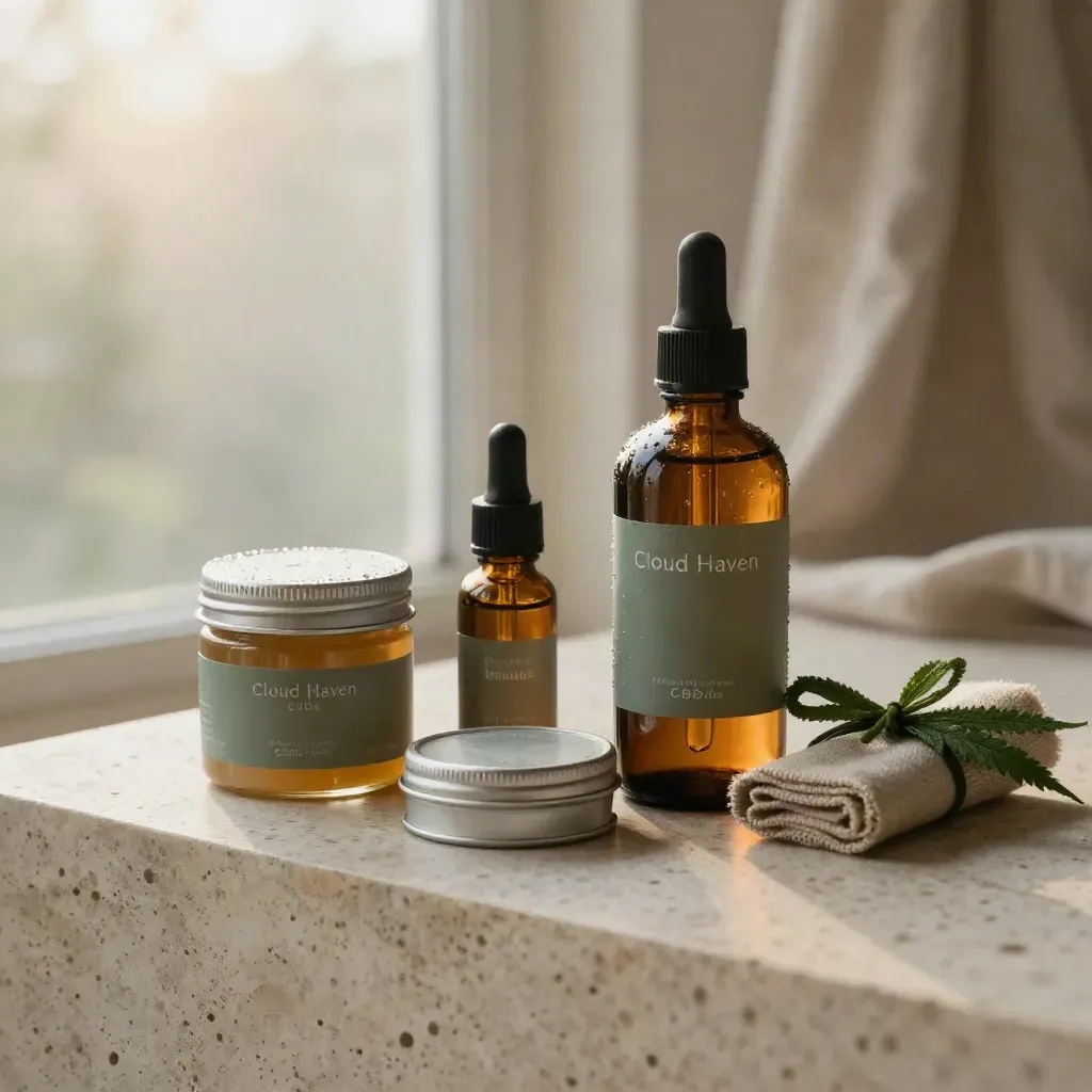 CBD oils, gummies, capsules, tincture, balm and hemp bundle on pale stone with dawn mist