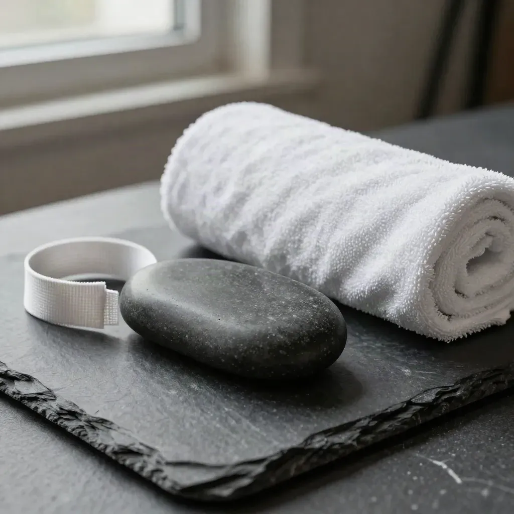 Physical therapy kit on dark slate: massage stone, rolled towel, strap, and pebble mat.