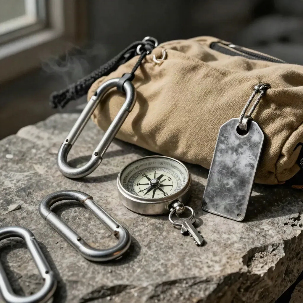 Carabiners, canvas pouch, topo tag, and compass on stone in dramatic light