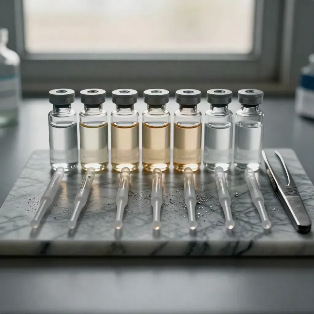 Macro flat lay of sealed lab vials, pipettes, tweezers, and marble on graphite.