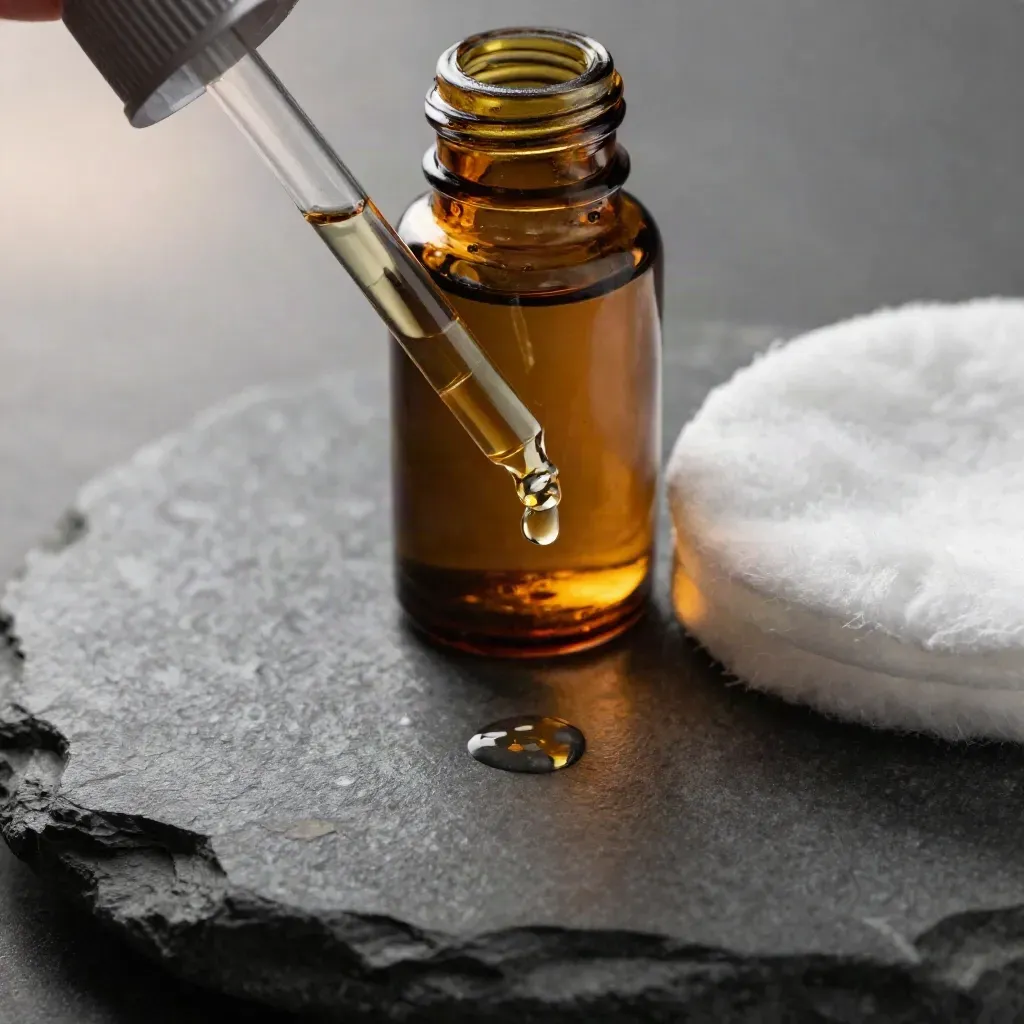 Amber CBD oil bottle with dropper, glass drops, and cotton pad on stone