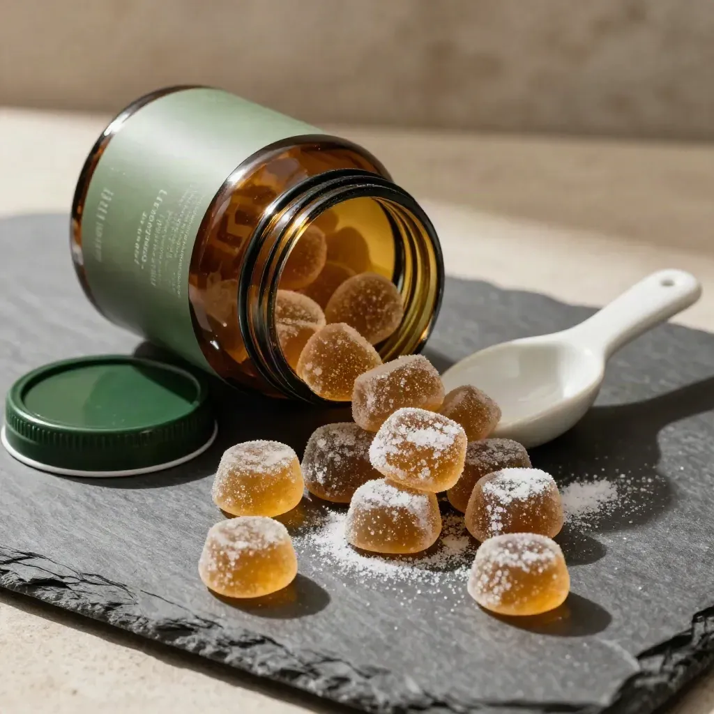 Open CBD gummy jar with spill, green lid, and ceramic scoop on stone.