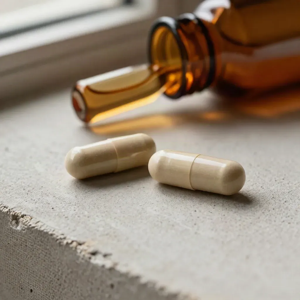 Two capsules beside an amber vial on pale concrete with a folded linen edge