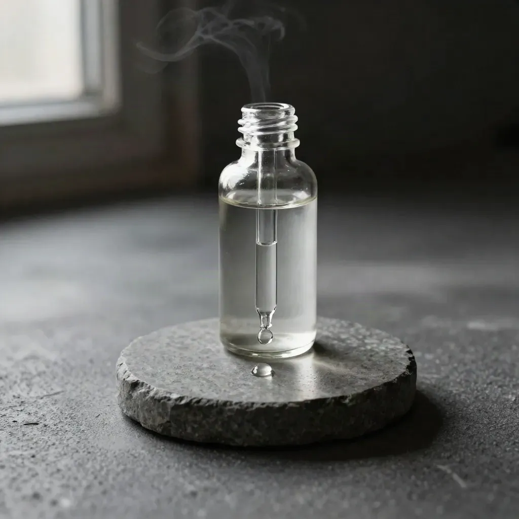 Tincture dropper bottle, pipette droplet, and stone dish in dramatic studio light.