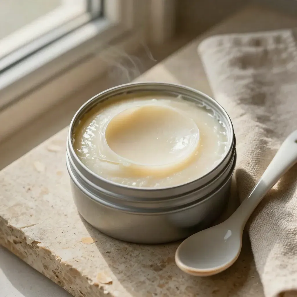 Open balm tin with linen cloth and ceramic spoon on warm stone, seen in tight macro.