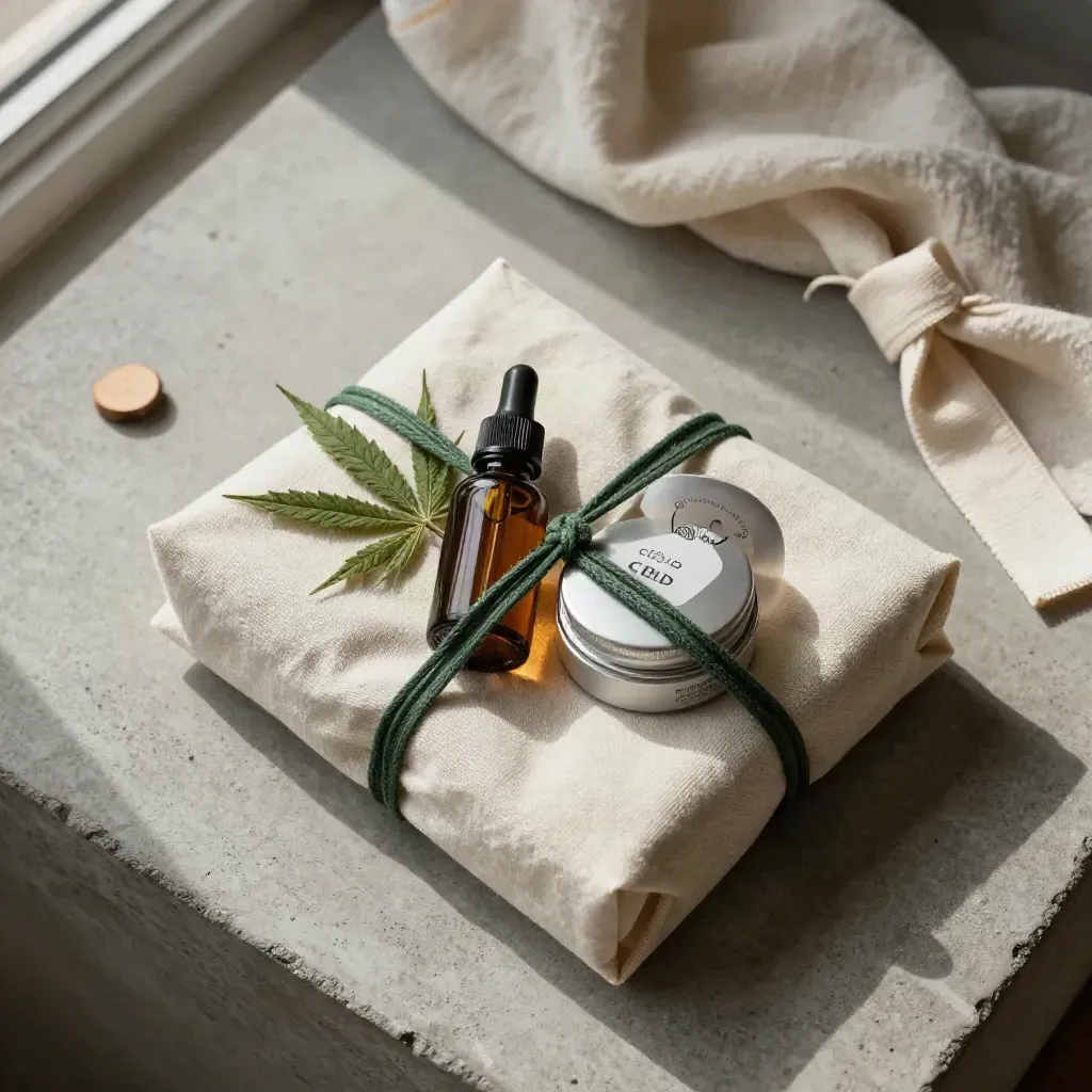 Canvas wellness bundle with CBD oil, gummies, and a topical tin on cool concrete under soft window light.