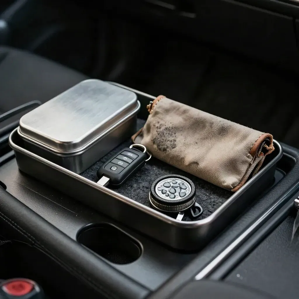Car glovebox tray with travel tin, key fob, sunglasses case and pouch on charcoal felt.
