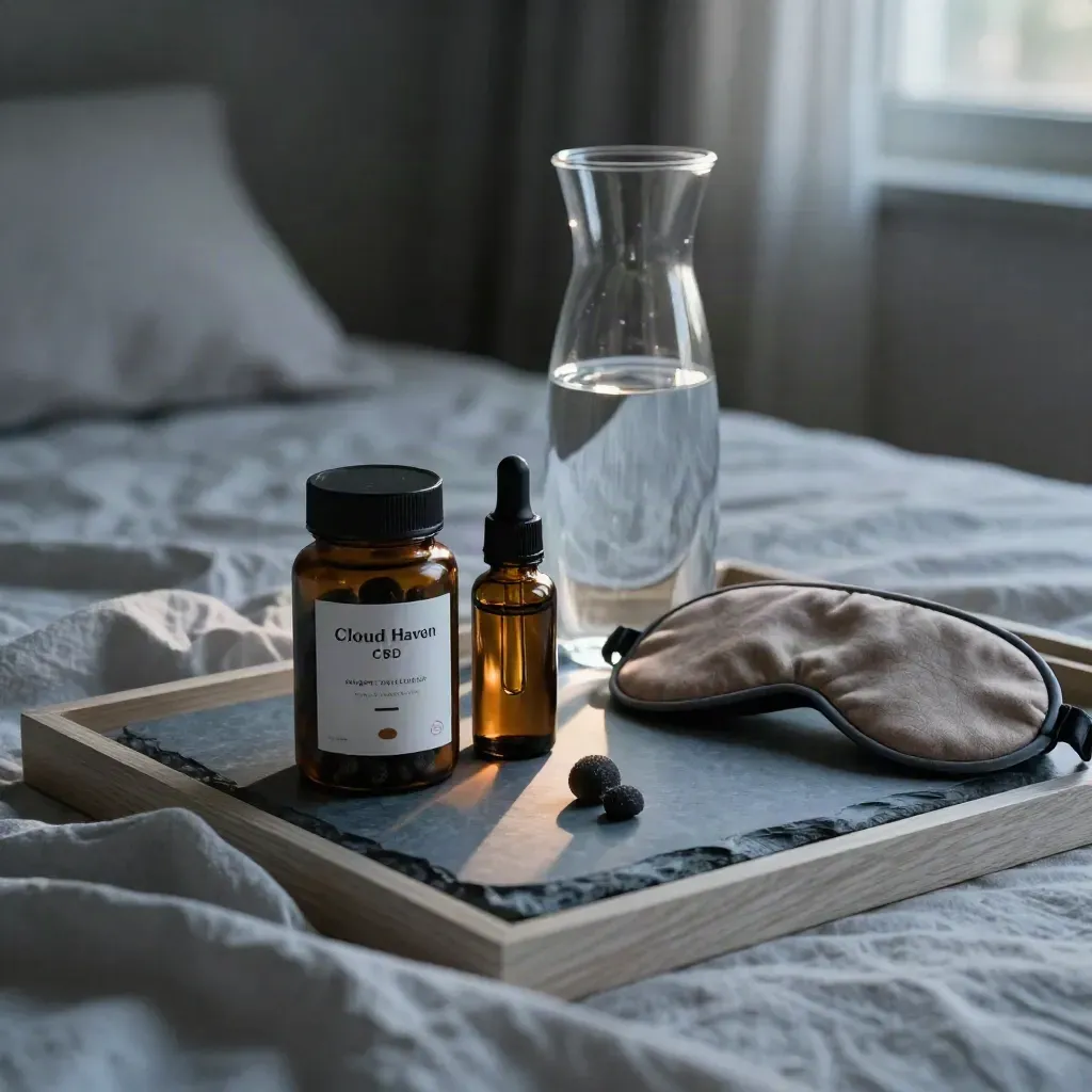 Bedside CBD tray with gummies, tincture, sleep mask, and water carafe in soft evening light.