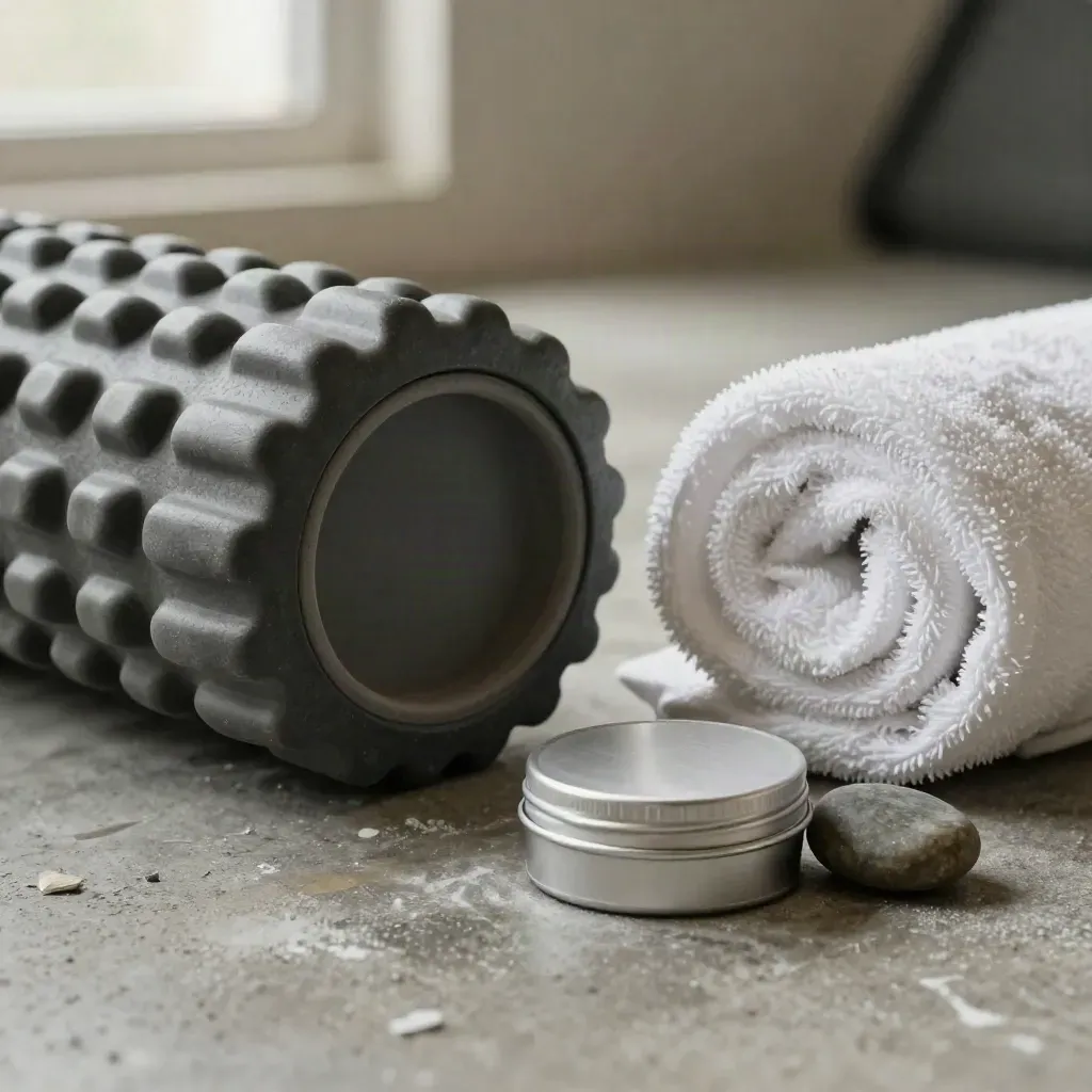 Macro still life of recovery gear on gym concrete: roller, towel, loop band, balm tin, cooling stone.