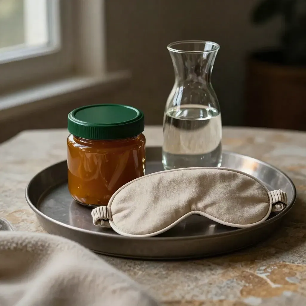 Amber gummy jar, linen sleep mask, water carafe, and blanket on stone