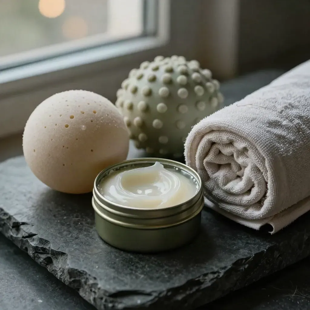 Macro still life of balm tin, massage ball, towel, and cooling wrap on dark stone