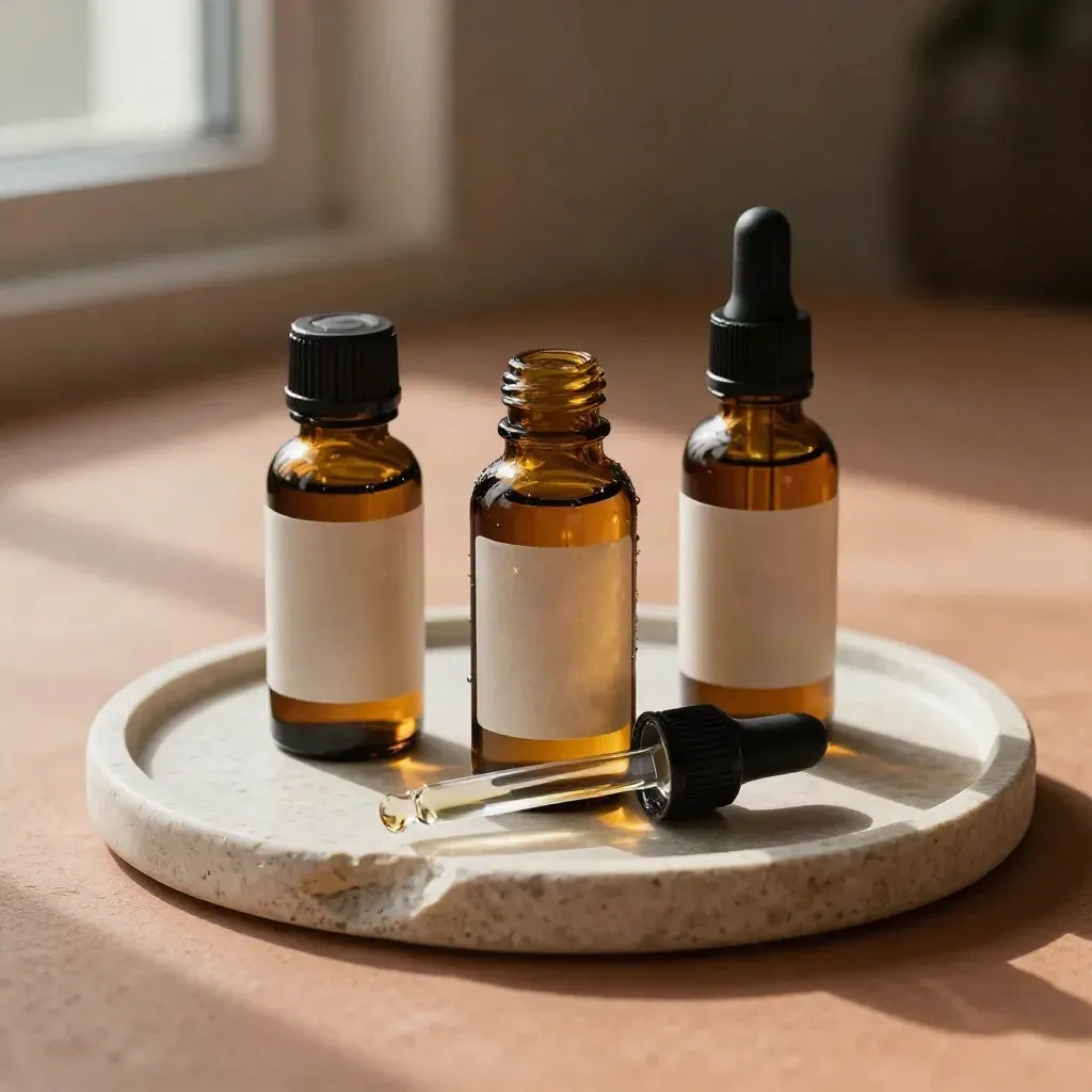 Top-down still life of three amber CBD oil bottles, dropper and stone tray on warm terracotta surface