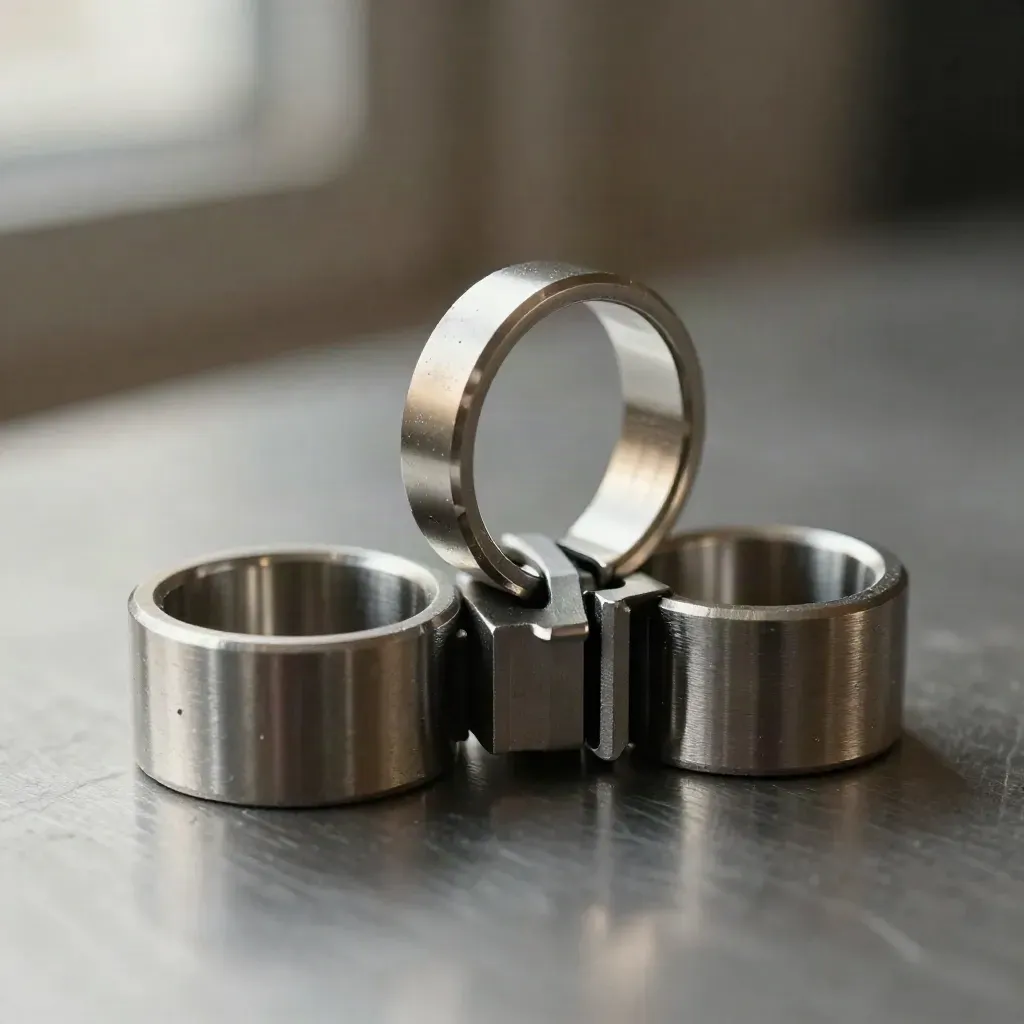 Machined rings and connector blocks on brushed metal, lit in dramatic cloud-white highlights.