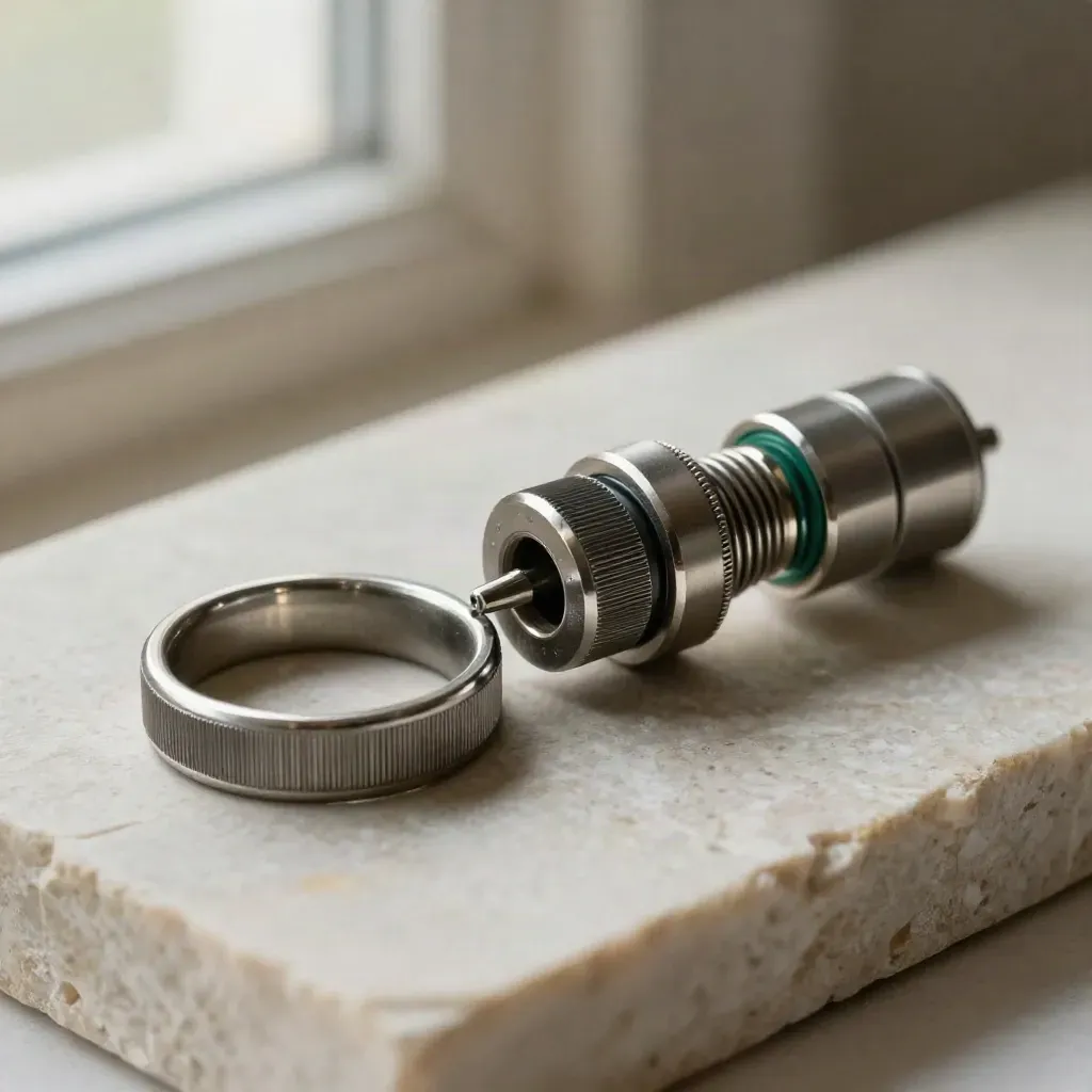 Macro of steel rings, spring connectors and aligned pins on pale stone with a deep green accent.