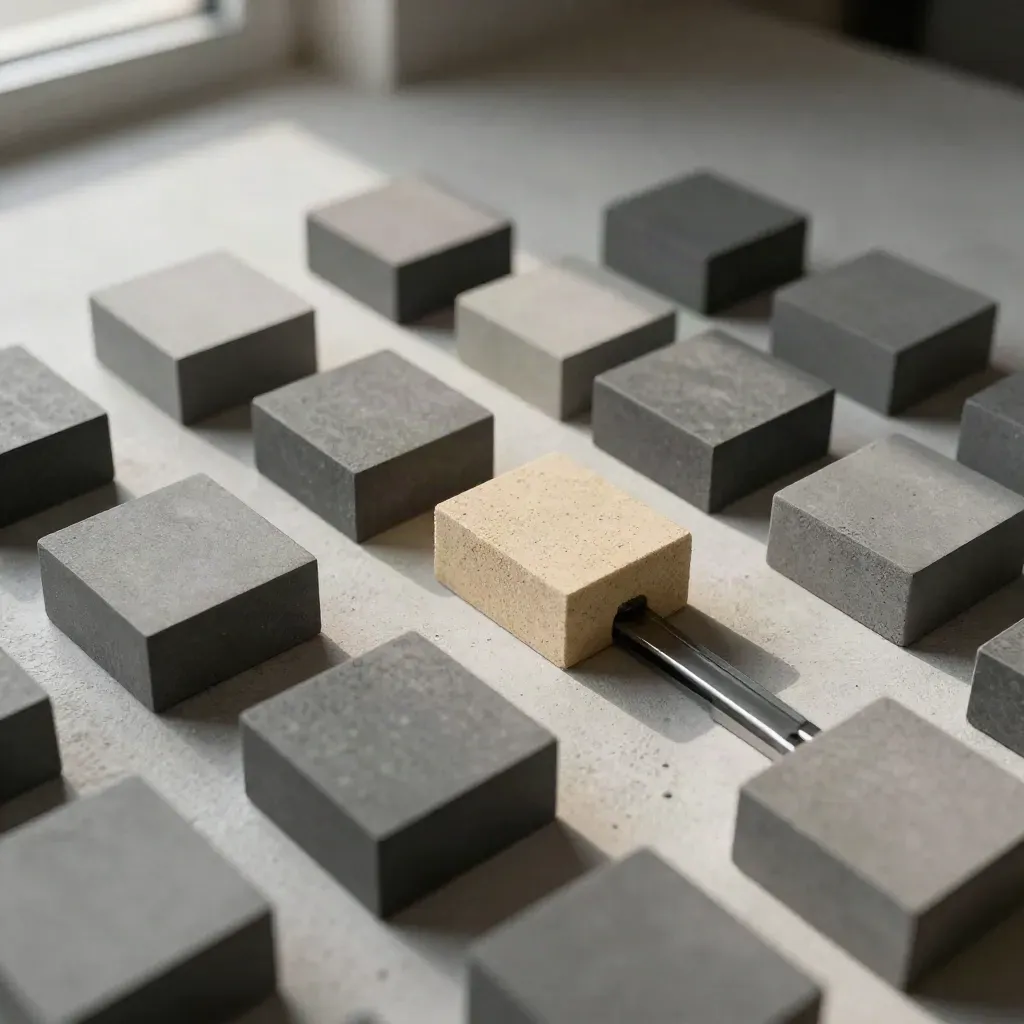 Matte blocks, a square joiner, and spacer bar on concrete in a tidy top-down grid.