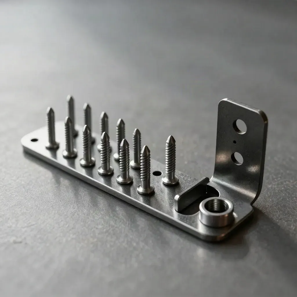 Machined steel pins, linking bar, and perforated bracket on brushed metal in soft daylight.