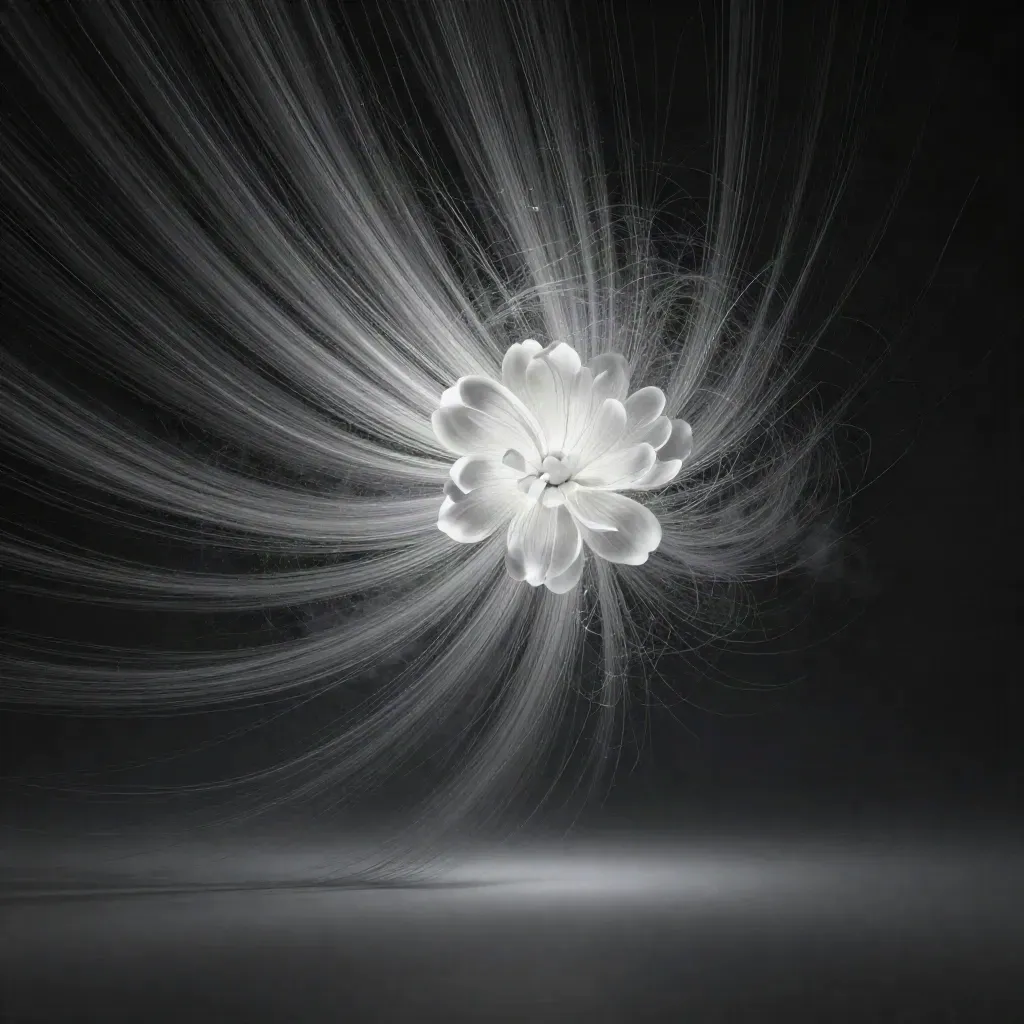Silver filaments converge into a soft white bloom in dark graphite haze.